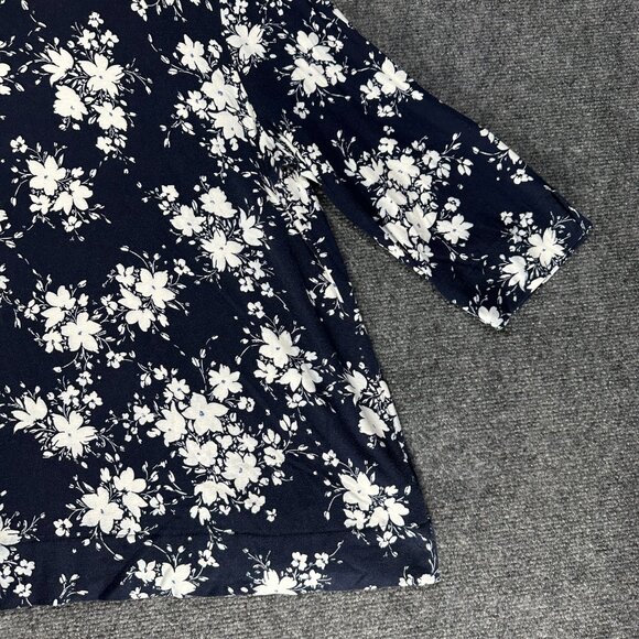 J Jill Top Womens Large Wearever Collection 3/4 Sleeve Navy Blue White Floral - Picture 3 of 9